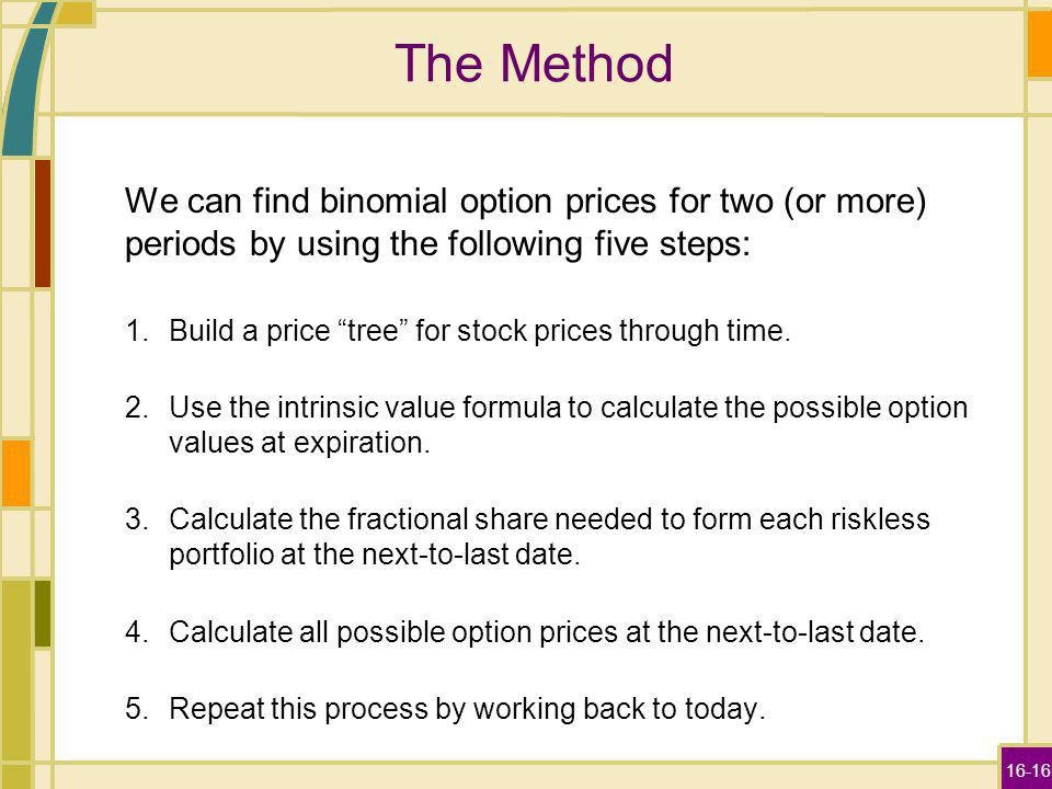 16-16 The Method We can find binomial option prices for two (or more) periods by using the following five steps: 1.Build a price tree for stock prices through time.