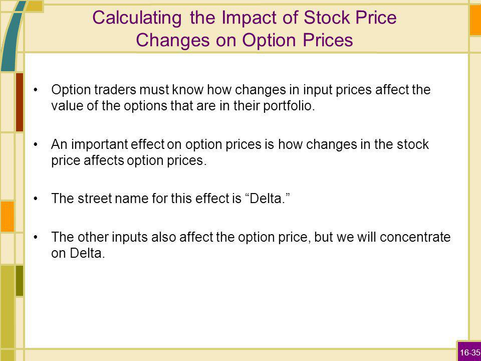 16-35 Calculating the Impact of Stock Price Changes on Option Prices Option traders must know how changes in input prices affect the value of the options that are in their portfolio.