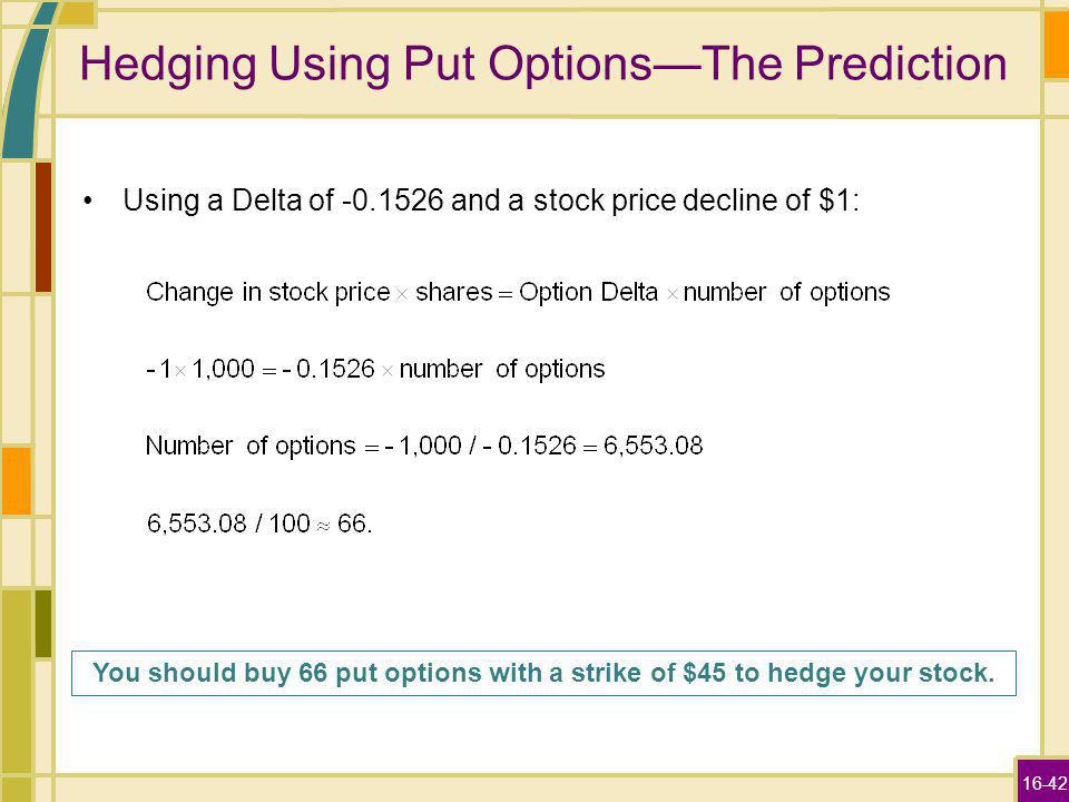16-42 Hedging Using Put OptionsThe Prediction Using a Delta of and a stock price decline of $1: You should buy 66 put options with a strike of $45 to hedge your stock.