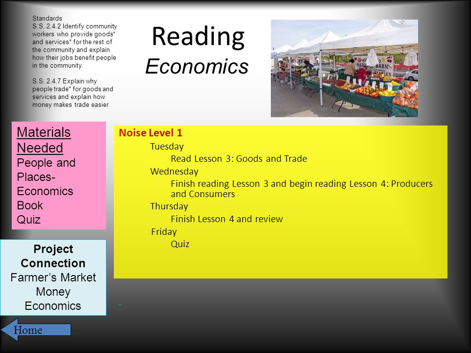 Noise Level 1 Tuesday Read Lesson 3: Goods and Trade Wednesday Finish reading Lesson 3 and begin reading Lesson 4: Producers and Consumers Thursday Finish Lesson 4 and review Friday Quiz.