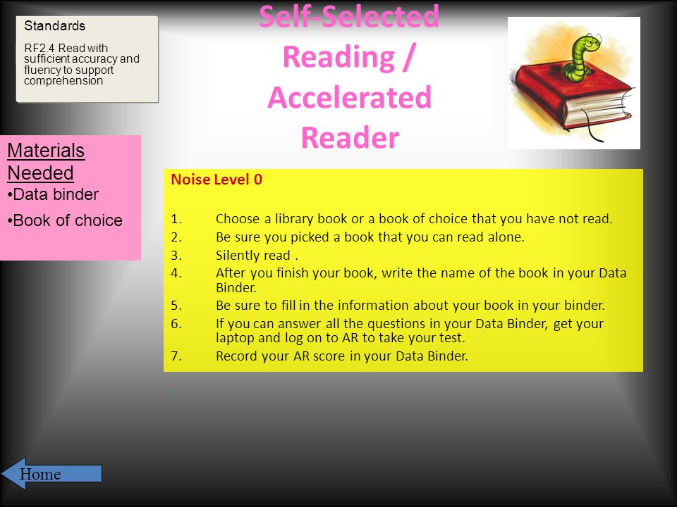 Self-Selected Reading / Accelerated Reader Noise Level 0 1.Choose a library book or a book of choice that you have not read.