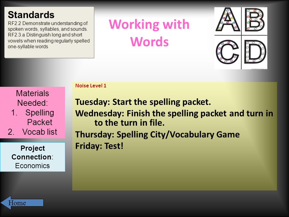Working with Words Noise Level 1 Tuesday: Start the spelling packet.