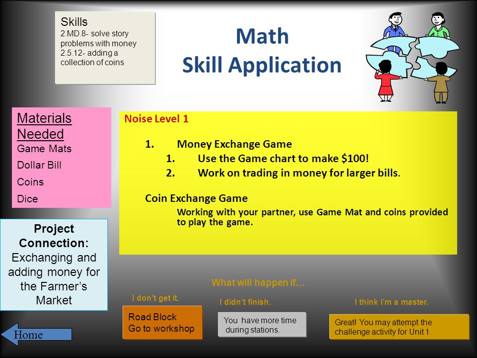 Math Skill Application Noise Level 1 1.Money Exchange Game 1.Use the Game chart to make $100.