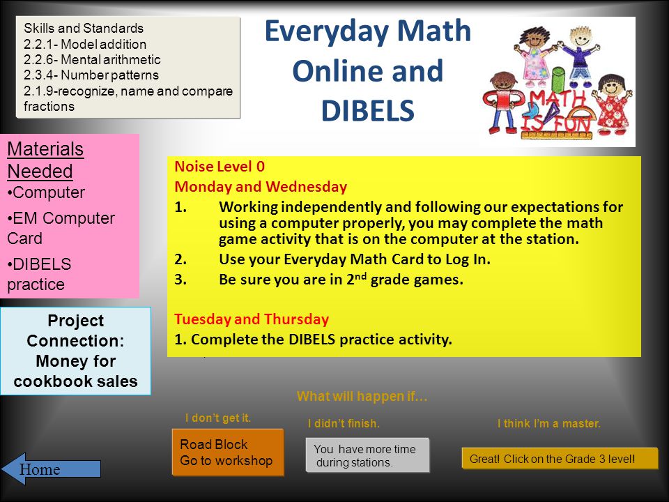 Everyday Math Online and DIBELS Noise Level 0 Monday and Wednesday 1.Working independently and following our expectations for using a computer properly, you may complete the math game activity that is on the computer at the station.
