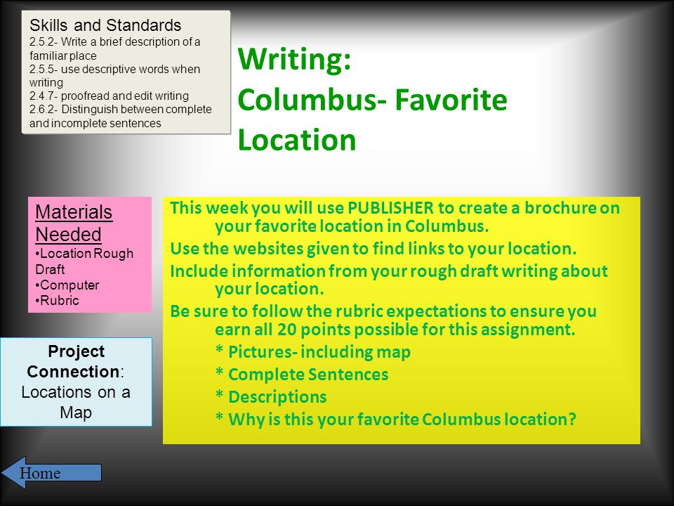 Writing: Columbus- Favorite Location This week you will use PUBLISHER to create a brochure on your favorite location in Columbus.