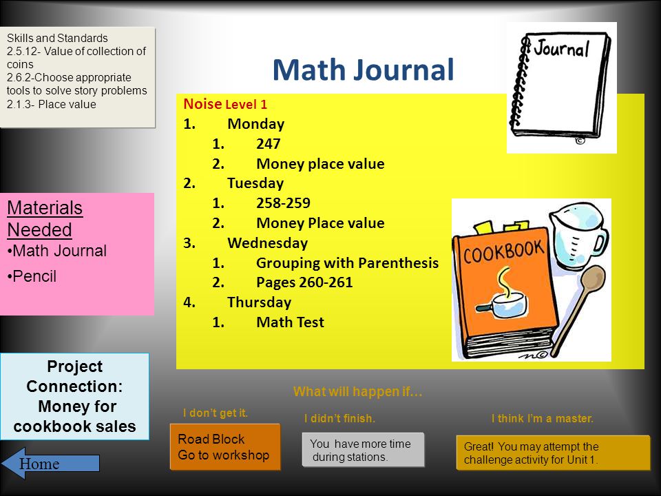 Math Journal Noise Level 1 1.Monday Money place value 2.Tuesday Money Place value 3.Wednesday 1.Grouping with Parenthesis 2.Pages Thursday 1.Math Test Skills and Standards Value of collection of coins Choose appropriate tools to solve story problems Place value What will happen if… I dont get it.