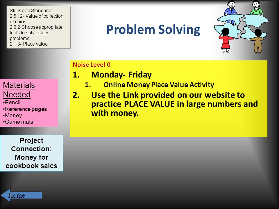 Problem Solving Noise Level 0 1.Monday- Friday 1.Online Money Place Value Activity 2.Use the Link provided on our website to practice PLACE VALUE in large numbers and with money.
