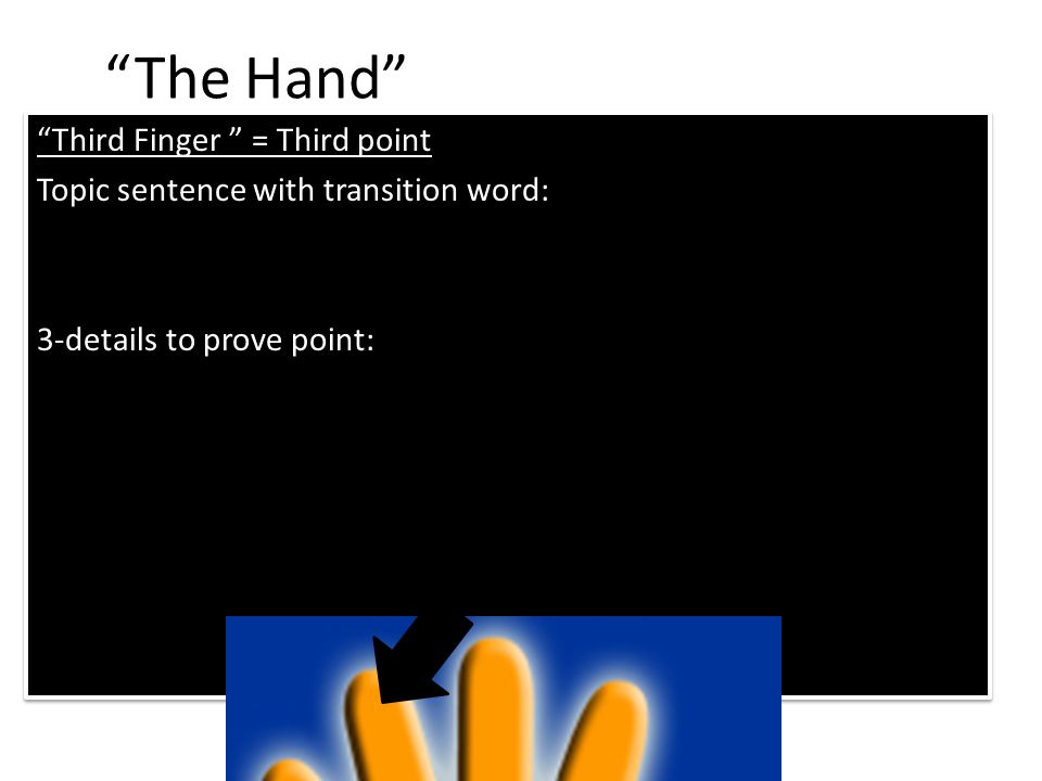 The Hand Third Finger = Third point Topic sentence with transition word: 3-details to prove point: Third Finger = Third point Topic sentence with transition word: 3-details to prove point: