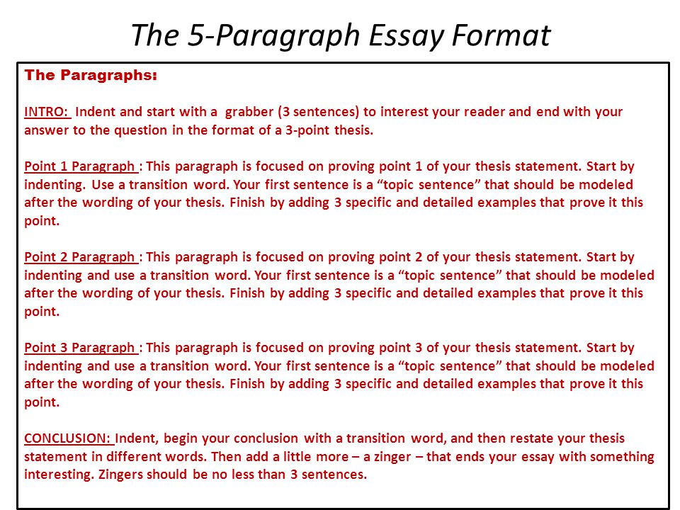 The 5-Paragraph Essay Format The Paragraphs: INTRO: Indent and start with a grabber (3 sentences) to interest your reader and end with your answer to the question in the format of a 3-point thesis.