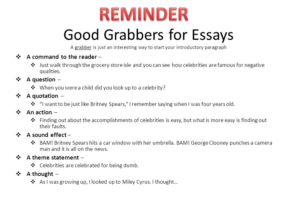 Good Grabbers for Essays A grabber is just an interesting way to start your introductory paragraph A command to the reader – Just walk through the grocery store isle and you can see how celebrities are famous for negative qualities.
