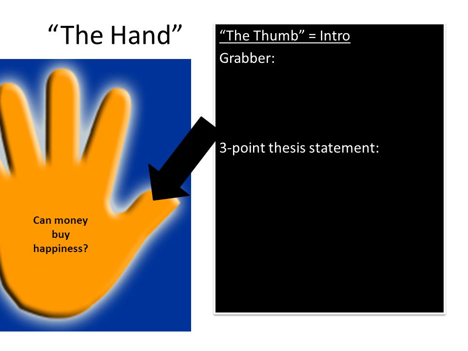 The Hand The Thumb = Intro Grabber: 3-point thesis statement: The Thumb = Intro Grabber: 3-point thesis statement: Can money buy happiness