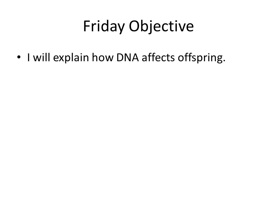 Friday Objective I will explain how DNA affects offspring.