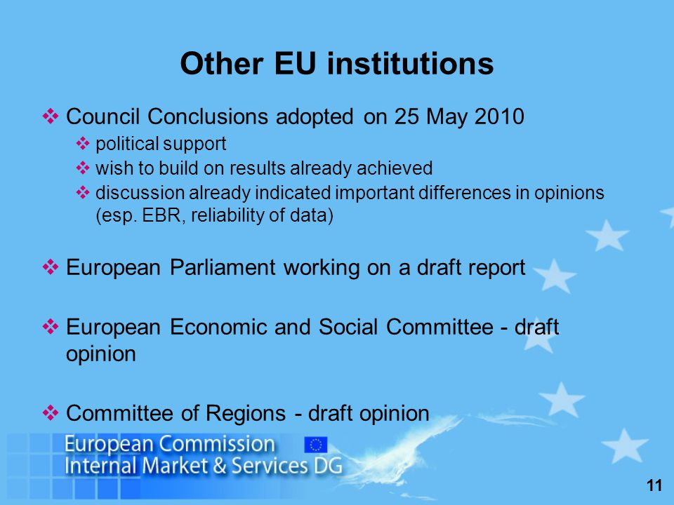 11 Other EU institutions Council Conclusions adopted on 25 May 2010 political support wish to build on results already achieved discussion already indicated important differences in opinions (esp.