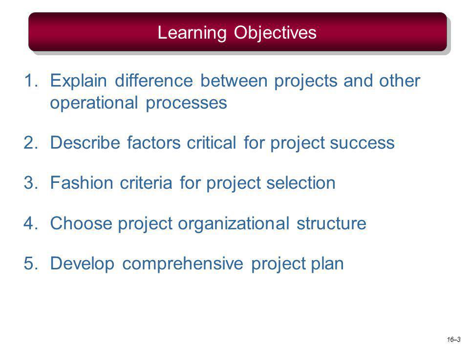 1.Explain difference between projects and other operational processes 2.Describe factors critical for project success 3.Fashion criteria for project selection 4.Choose project organizational structure 5.Develop comprehensive project plan Learning Objectives 16–3