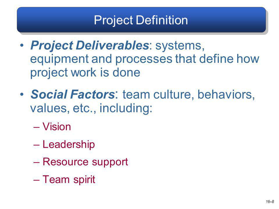 Project Definition 16–8 Project Deliverables: systems, equipment and processes that define how project work is done Social Factors : team culture, behaviors, values, etc., including: –Vision –Leadership –Resource support –Team spirit