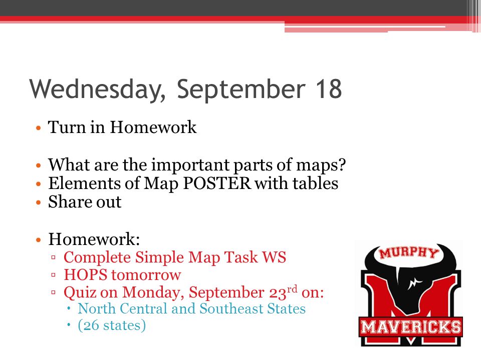 Wednesday, September 18 Turn in Homework What are the important parts of maps.