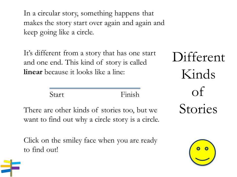 Different Kinds of Stories In a circular story, something happens that makes the story start over again and again and keep going like a circle.
