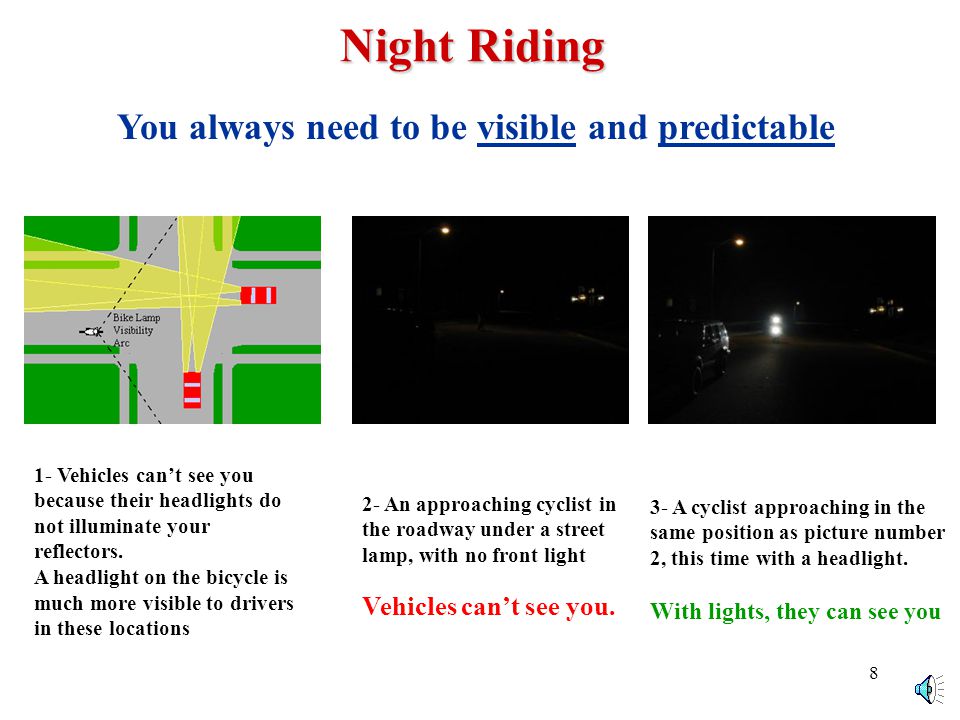 7 Night Riding 2- An approaching cyclist in the roadway under a street lamp, with no front light Vehicles cant see you.