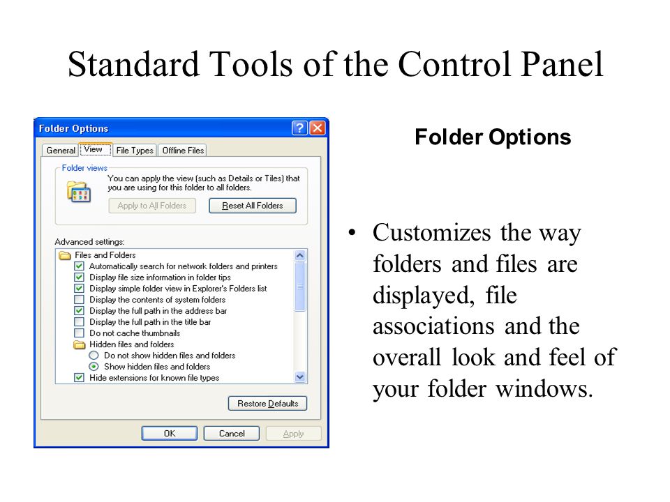 Standard Tools of the Control Panel Customizes the way folders and files are displayed, file associations and the overall look and feel of your folder windows.