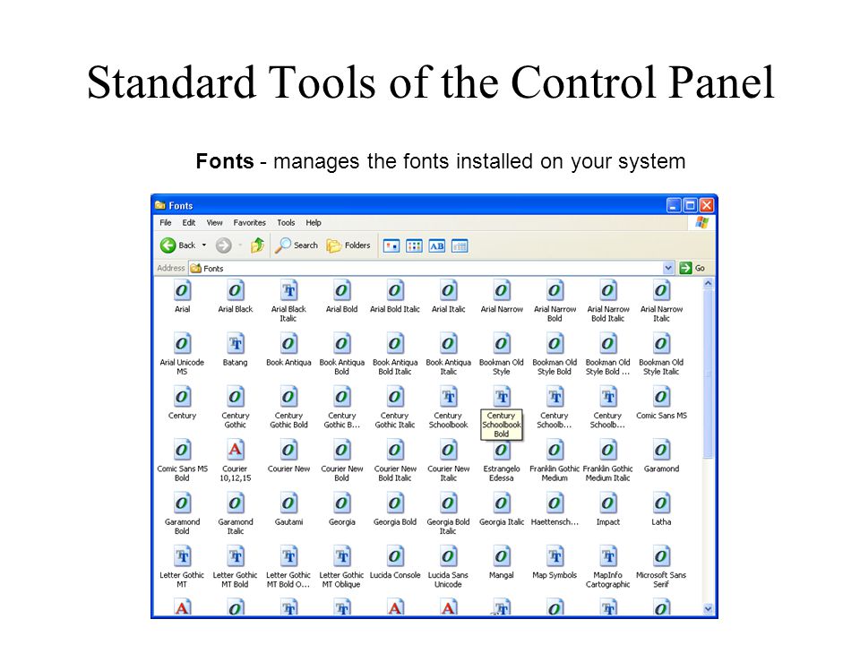 Standard Tools of the Control Panel Fonts - manages the fonts installed on your system