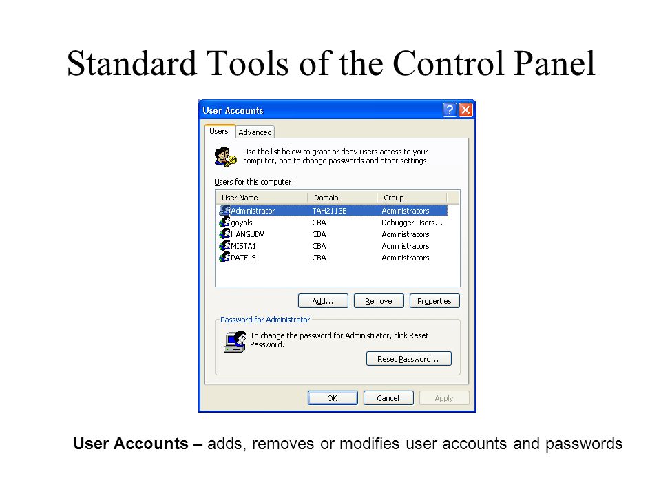 Standard Tools of the Control Panel User Accounts – adds, removes or modifies user accounts and passwords