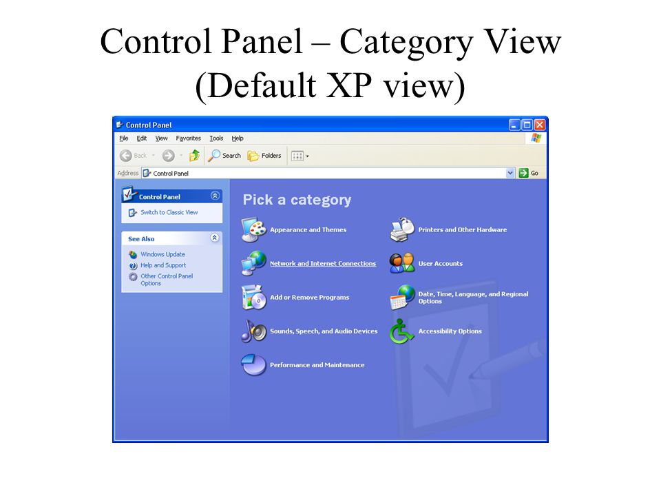 Control Panel – Category View (Default XP view)