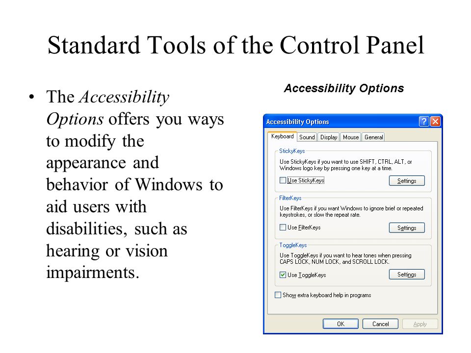 Standard Tools of the Control Panel The Accessibility Options offers you ways to modify the appearance and behavior of Windows to aid users with disabilities, such as hearing or vision impairments.