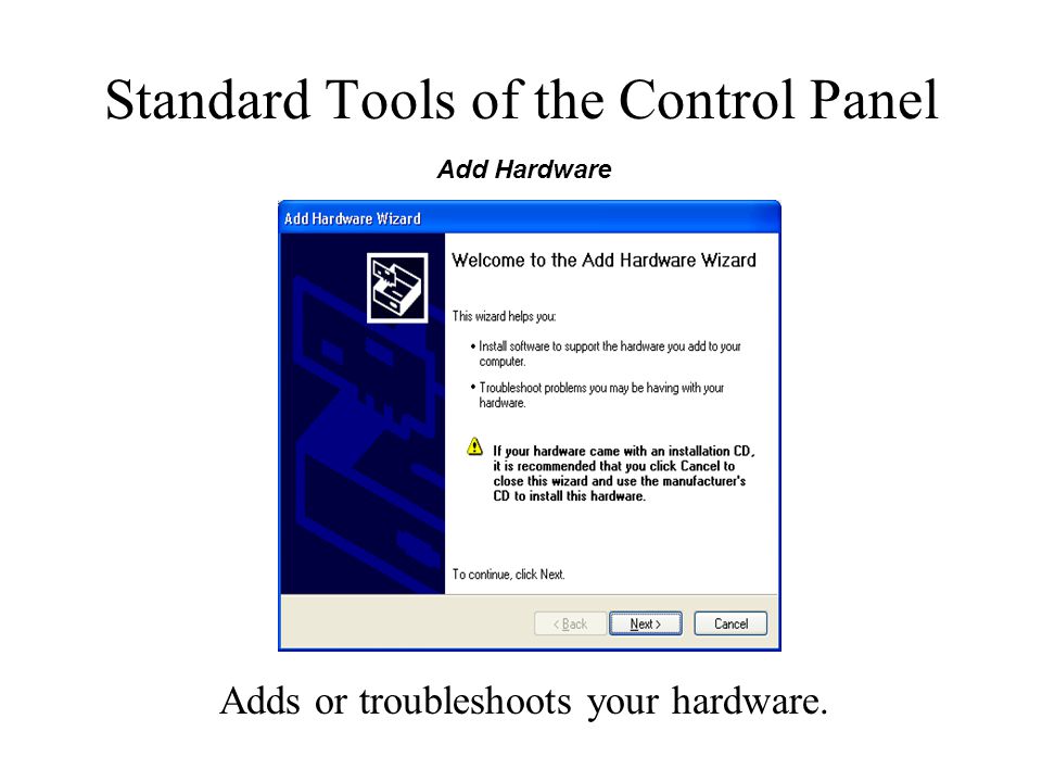 Standard Tools of the Control Panel Adds or troubleshoots your hardware. Add Hardware