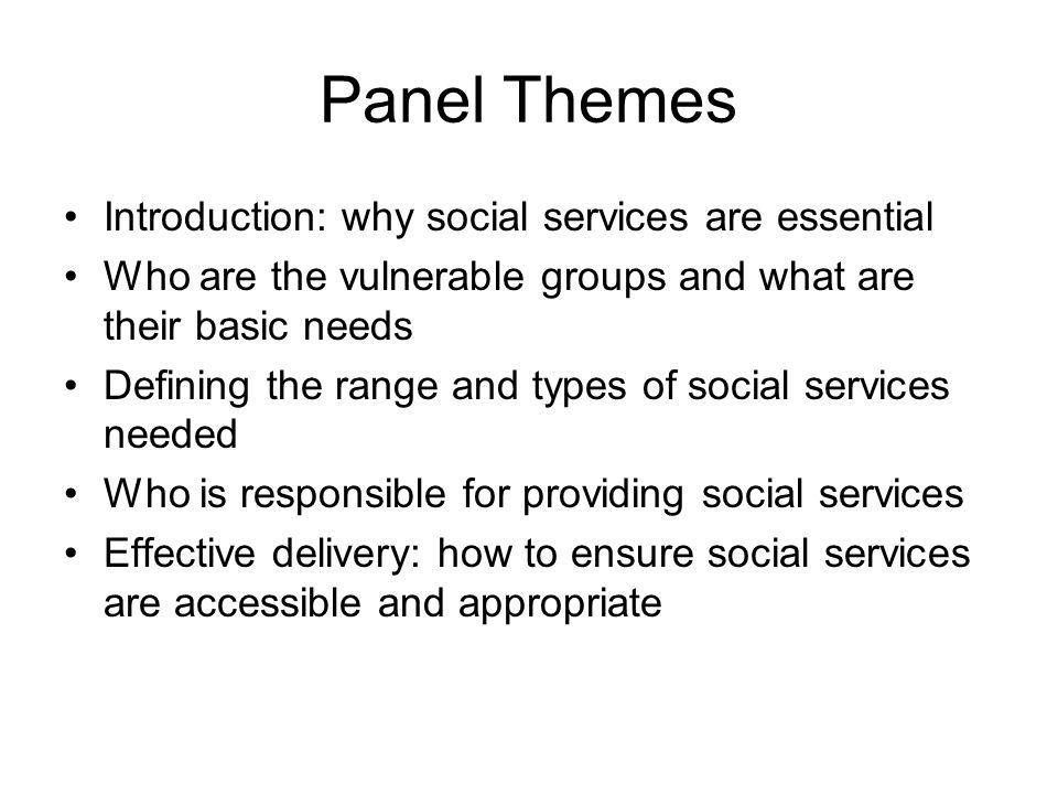 Panel Themes Introduction: why social services are essential Who are the vulnerable groups and what are their basic needs Defining the range and types of social services needed Who is responsible for providing social services Effective delivery: how to ensure social services are accessible and appropriate