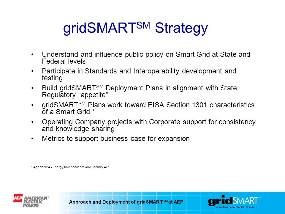 Approach and Deployment of gridSMART SM at AEP gridSMART SM Strategy Understand and influence public policy on Smart Grid at State and Federal levels Participate in Standards and Interoperability development and testing Build gridSMART SM Deployment Plans in alignment with State Regulatory appetite gridSMART SM Plans work toward EISA Section 1301 characteristics of a Smart Grid * Operating Company projects with Corporate support for consistency and knowledge sharing Metrics to support business case for expansion * Appendix A - Energy Independence and Security Act
