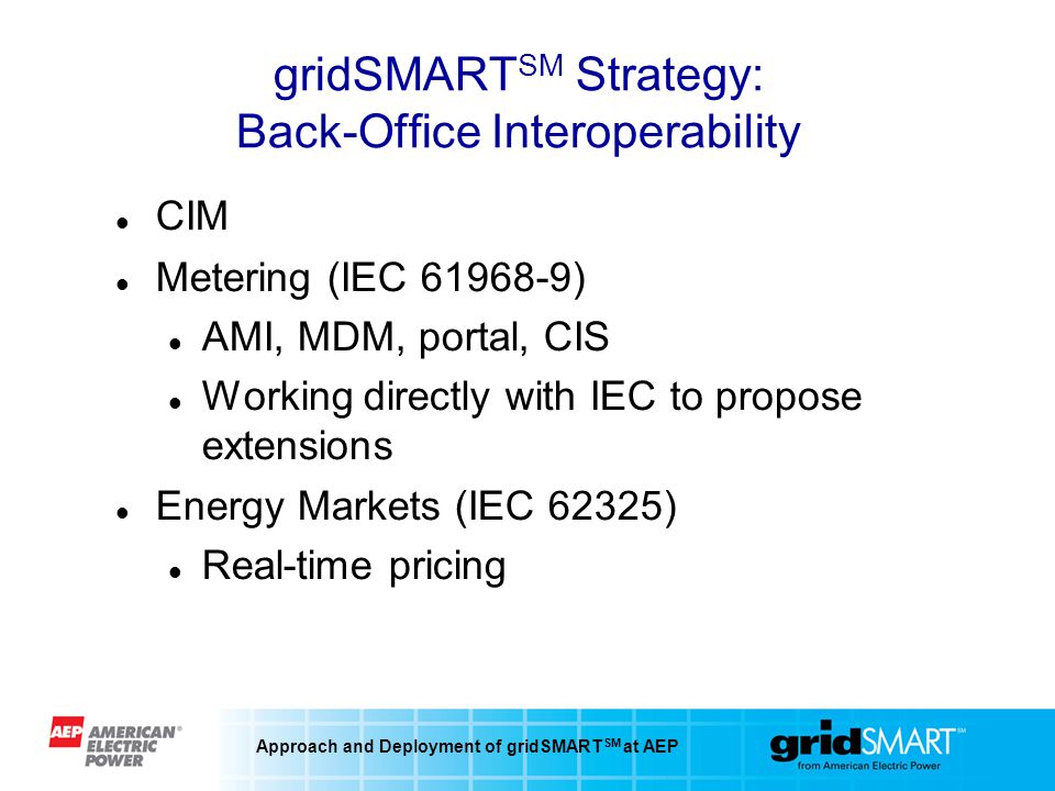Approach and Deployment of gridSMART SM at AEP gridSMART SM Strategy: Back-Office Interoperability CIM Metering (IEC ) AMI, MDM, portal, CIS Working directly with IEC to propose extensions Energy Markets (IEC 62325) Real-time pricing