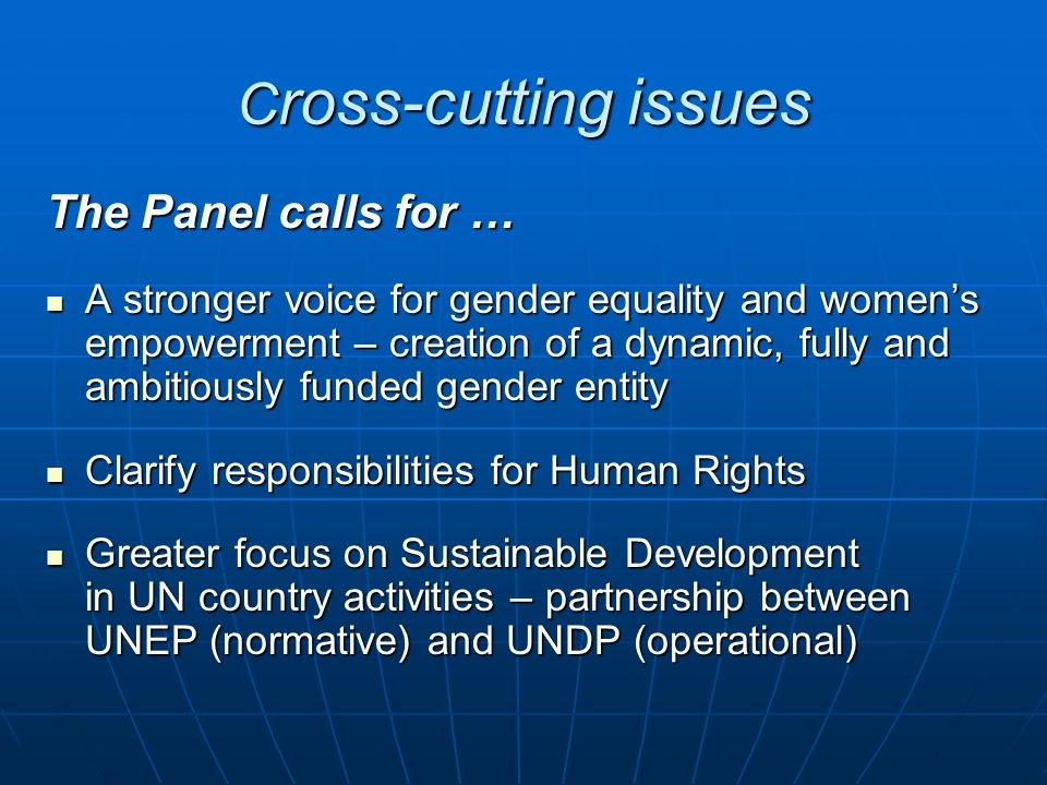 C ross-cutting issues The Panel calls for … A stronger voice for gender equality and womens empowerment – creation of a dynamic, fully and ambitiously funded gender entity A stronger voice for gender equality and womens empowerment – creation of a dynamic, fully and ambitiously funded gender entity Clarify responsibilities for Human Rights Clarify responsibilities for Human Rights Greater focus on Sustainable Development in UN country activities – partnership between UNEP (normative) and UNDP (operational) Greater focus on Sustainable Development in UN country activities – partnership between UNEP (normative) and UNDP (operational)