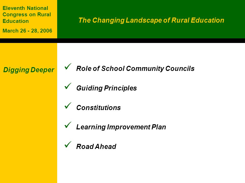 The Changing Landscape of Rural Education Eleventh National Congress on Rural Education March , 2006 Digging Deeper Role of School Community Councils Guiding Principles Constitutions Learning Improvement Plan Road Ahead