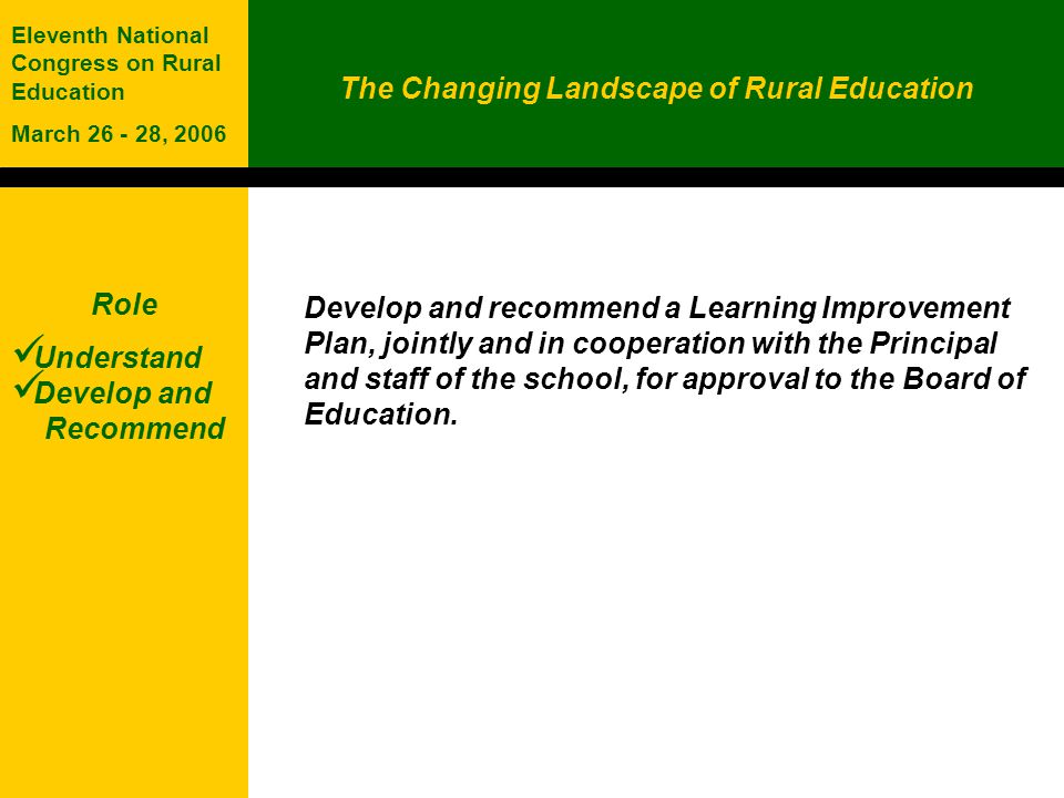 The Changing Landscape of Rural Education Eleventh National Congress on Rural Education March , 2006 Role Understand Develop and Recommend Develop and recommend a Learning Improvement Plan, jointly and in cooperation with the Principal and staff of the school, for approval to the Board of Education.
