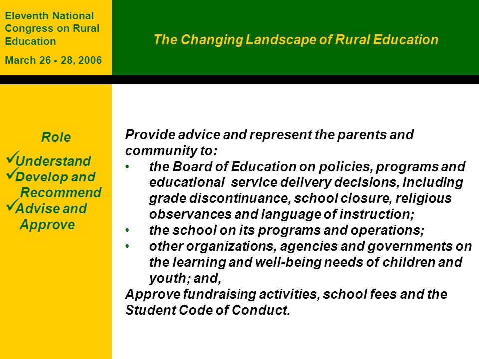 The Changing Landscape of Rural Education Eleventh National Congress on Rural Education March , 2006 Role Understand Develop and Recommend Advise and Approve Provide advice and represent the parents and community to: the Board of Education on policies, programs and educational service delivery decisions, including grade discontinuance, school closure, religious observances and language of instruction; the school on its programs and operations; other organizations, agencies and governments on the learning and well-being needs of children and youth; and, Approve fundraising activities, school fees and the Student Code of Conduct.