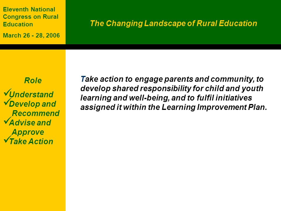 The Changing Landscape of Rural Education Eleventh National Congress on Rural Education March , 2006 Role Understand Develop and Recommend Advise and Approve Take Action Take action to engage parents and community, to develop shared responsibility for child and youth learning and well-being, and to fulfil initiatives assigned it within the Learning Improvement Plan.