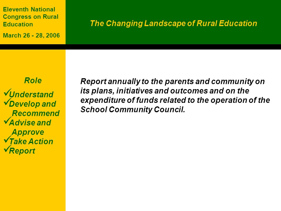 The Changing Landscape of Rural Education Eleventh National Congress on Rural Education March , 2006 Role Understand Develop and Recommend Advise and Approve Take Action Report Report annually to the parents and community on its plans, initiatives and outcomes and on the expenditure of funds related to the operation of the School Community Council.