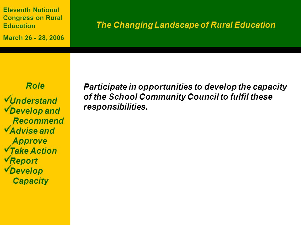 The Changing Landscape of Rural Education Eleventh National Congress on Rural Education March , 2006 Role Understand Develop and Recommend Advise and Approve Take Action Report Develop Capacity Participate in opportunities to develop the capacity of the School Community Council to fulfil these responsibilities.
