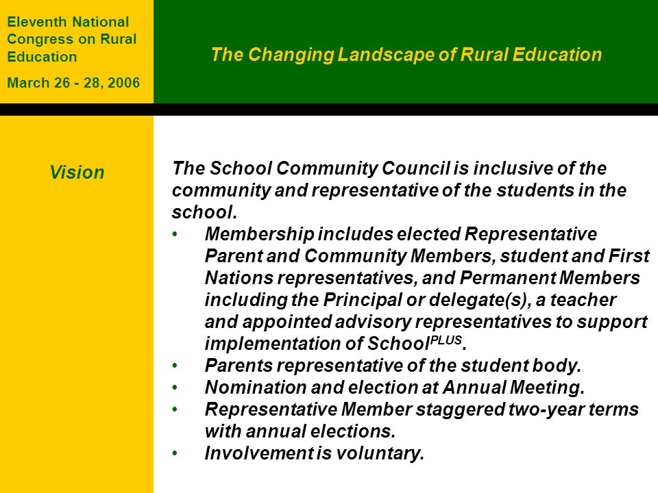 The Changing Landscape of Rural Education Eleventh National Congress on Rural Education March , 2006 Vision The School Community Council is inclusive of the community and representative of the students in the school.