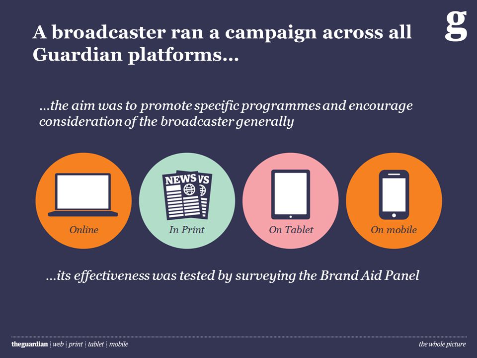A broadcaster ran a campaign across all Guardian platforms… …its effectiveness was tested by surveying the Brand Aid Panel …the aim was to promote specific programmes and encourage consideration of the broadcaster generally