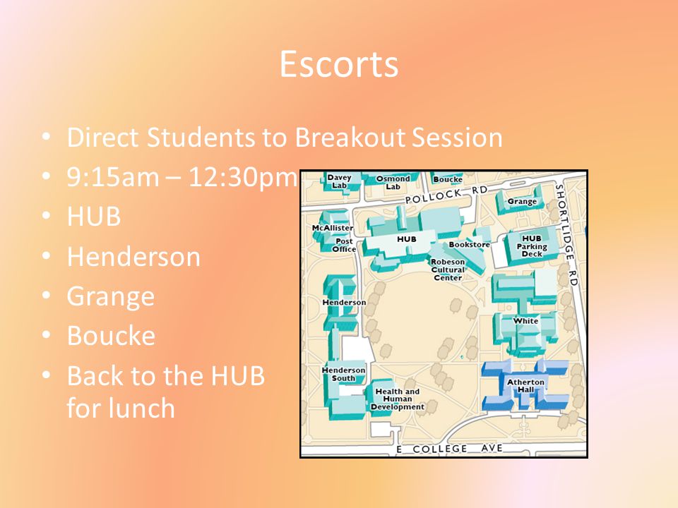 Escorts Direct Students to Breakout Session 9:15am – 12:30pm HUB Henderson Grange Boucke Back to the HUB for lunch