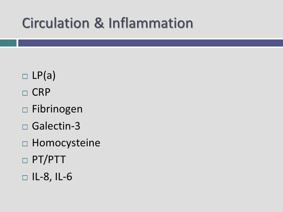 Circulation & Inflammation LP(a) CRP Fibrinogen Galectin-3 Homocysteine PT/PTT IL-8, IL-6