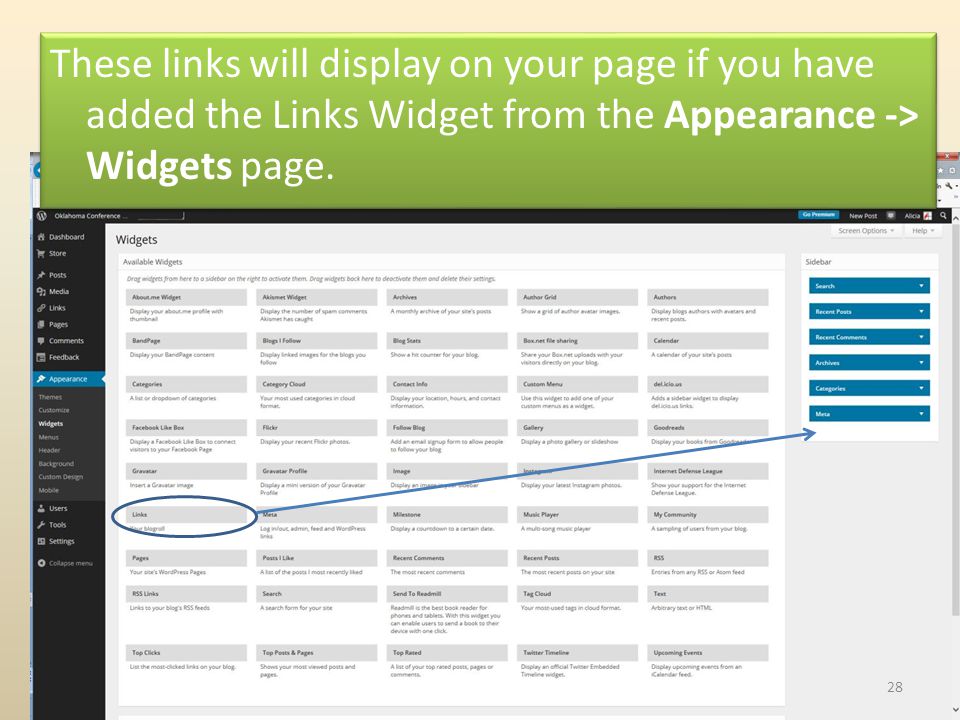 These links will display on your page if you have added the Links Widget from the Appearance -> Widgets page.