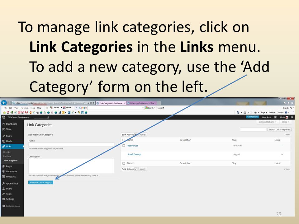 To manage link categories, click on Link Categories in the Links menu.