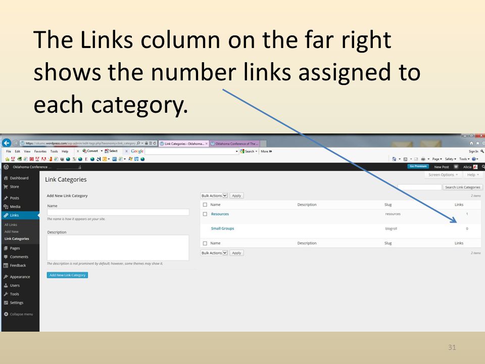 The Links column on the far right shows the number links assigned to each category. 31