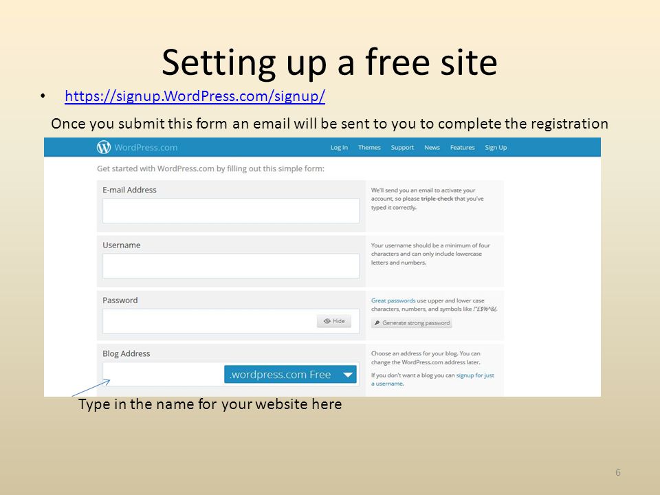 Setting up a free site   Once you submit this form an  will be sent to you to complete the registration Type in the name for your website here 6