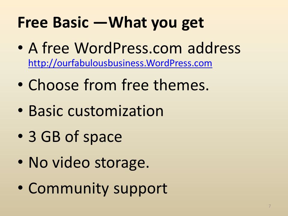 Free Basic What you get A free WordPress.com address     Choose from free themes.