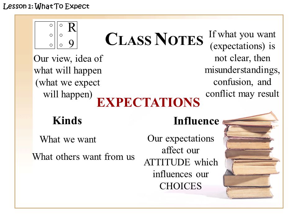 R 9 Kinds Lesson 1: What To Expect C LASS N OTES EXPECTATIONS Our view, idea of what will happen (what we expect will happen) What we want What others want from us Influence Our expectations affect our ATTITUDE which influences our CHOICES If what you want (expectations) is not clear, then misunderstandings, confusion, and conflict may result