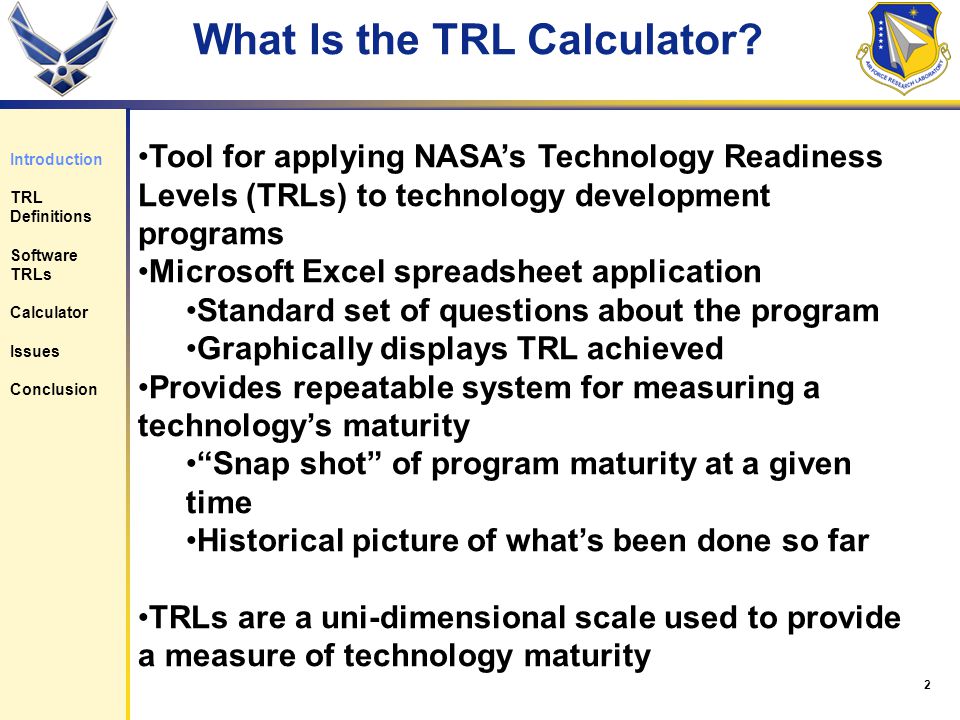 Technology Readiness Level Calculator NDIA Systems Engineering Conference  October 20, 2003 William L. Nolte, P.E., CQE Sensors Directorate Air Force  Research. - ppt download