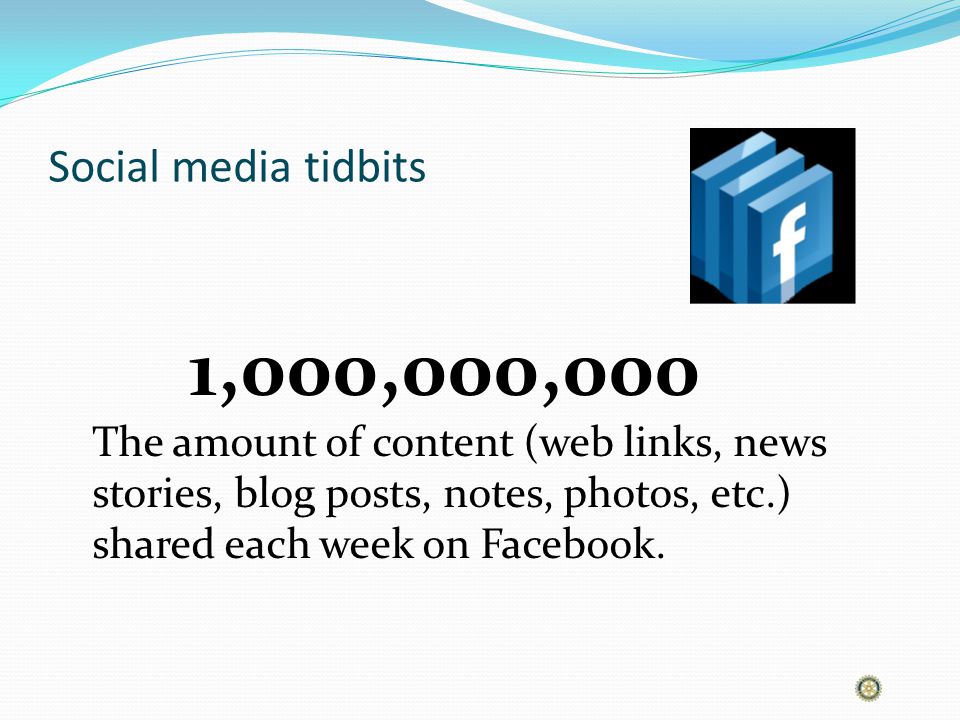 Social media tidbits 1,000,000,000 The amount of content (web links, news stories, blog posts, notes, photos, etc.) shared each week on Facebook.